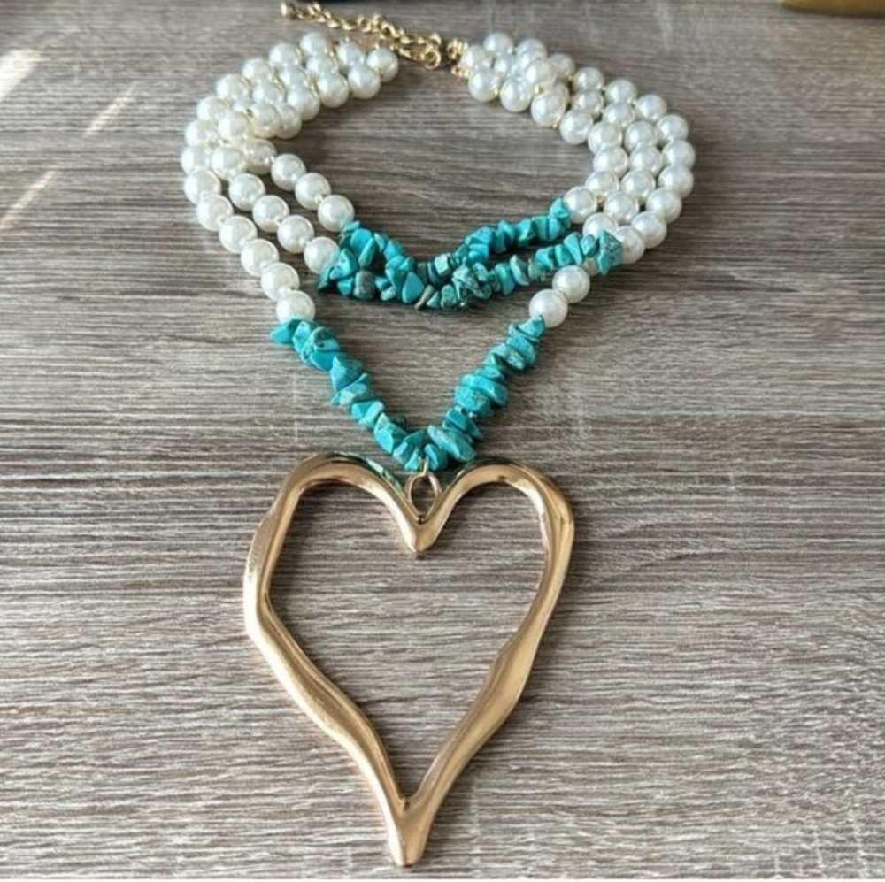 Heart Necklace Gold Pendant Turquoise and Pearl Strands - Picture 7 of 15